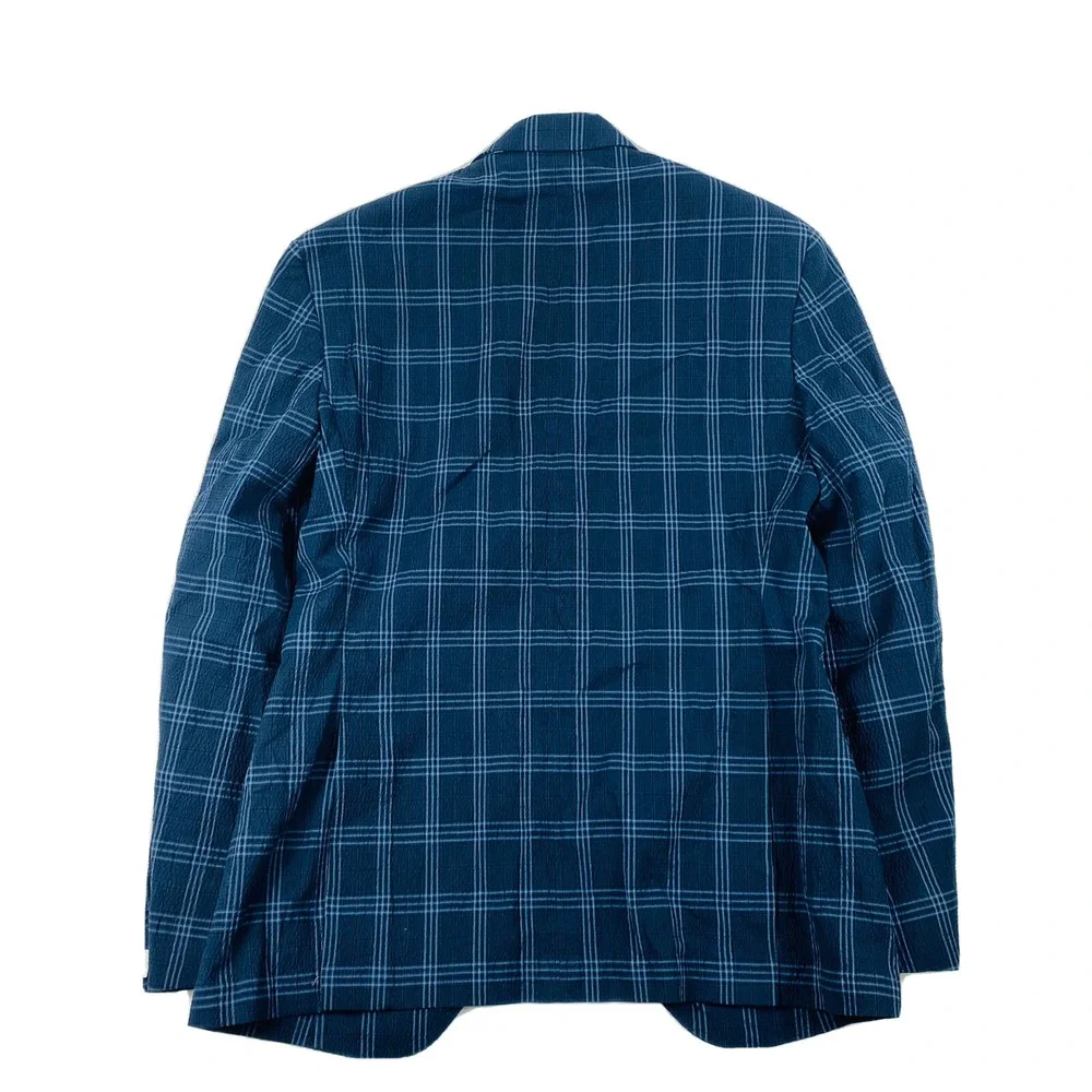 JKT New York Blue Windowpane Checked Cotton Seersucker Blazer Size 36R NWT